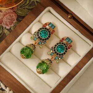 NEW Marcella Green and Gold Rococo Ornate Jeweled Drop Earrings